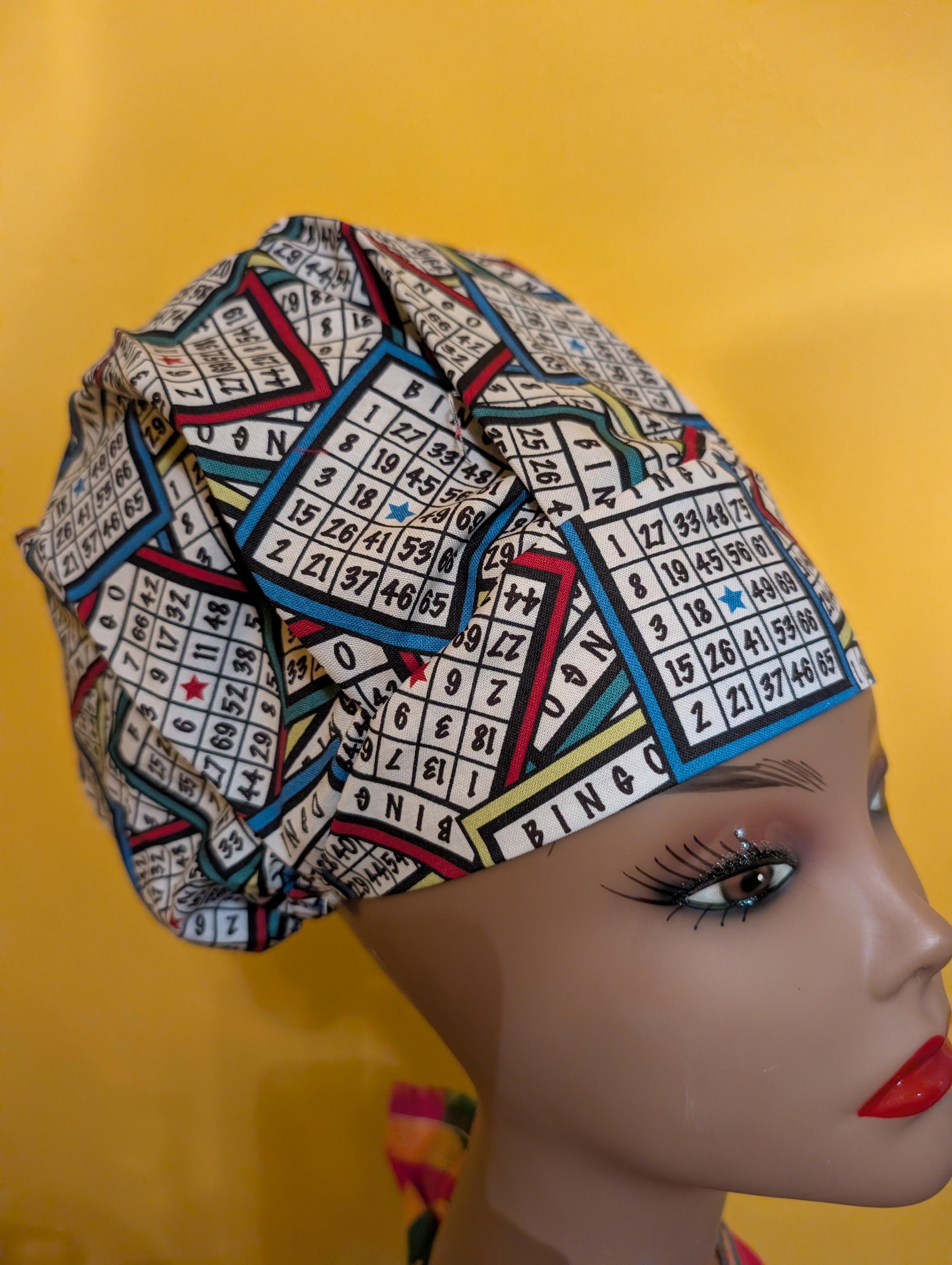 Blue/White/Red Bingo Themed Satin Lined Bouffant Style Hat
