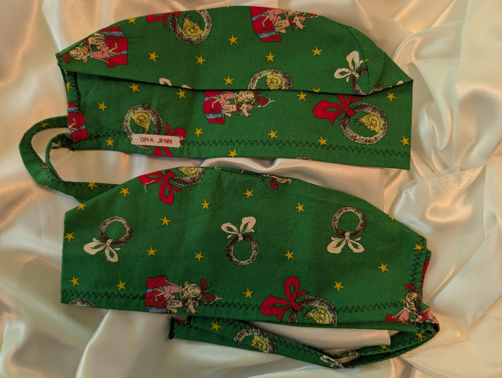 Green/Red Grinch Themed Christmas Tie in the back Hat set of two