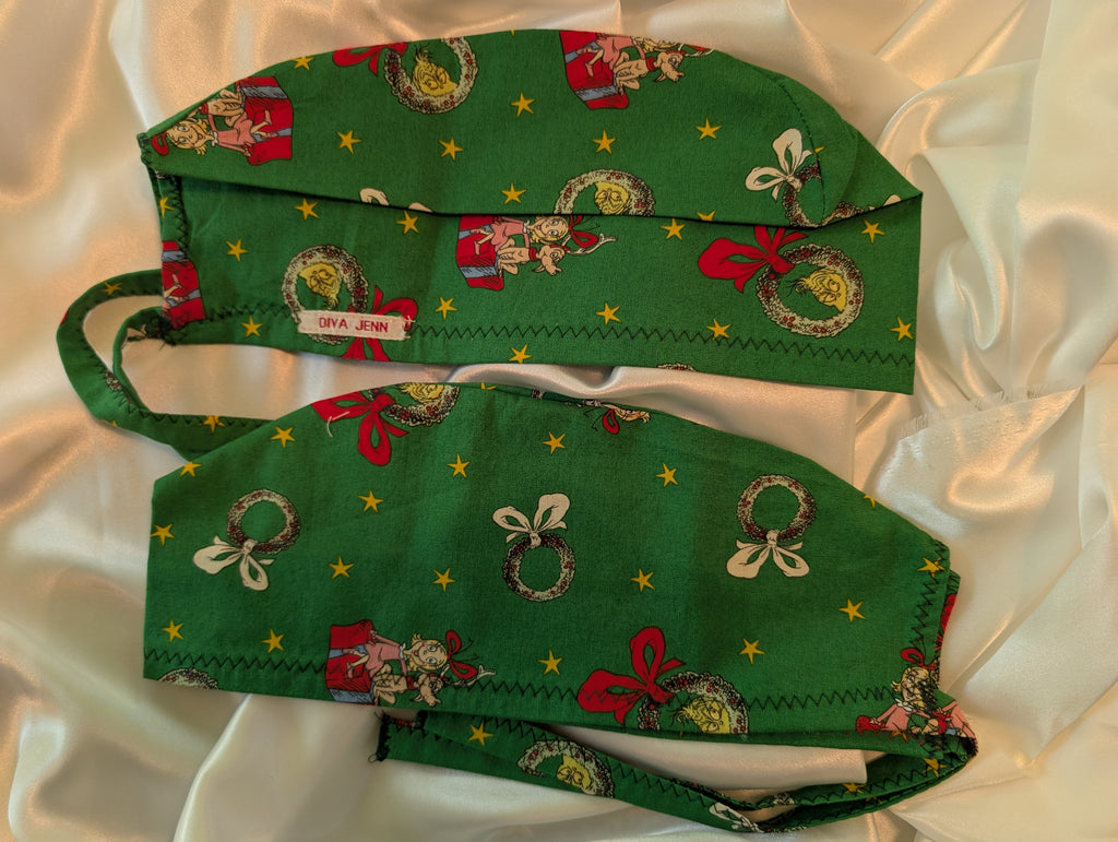 Green/Red Grinch Themed Christmas Tie in the back Hat set of two