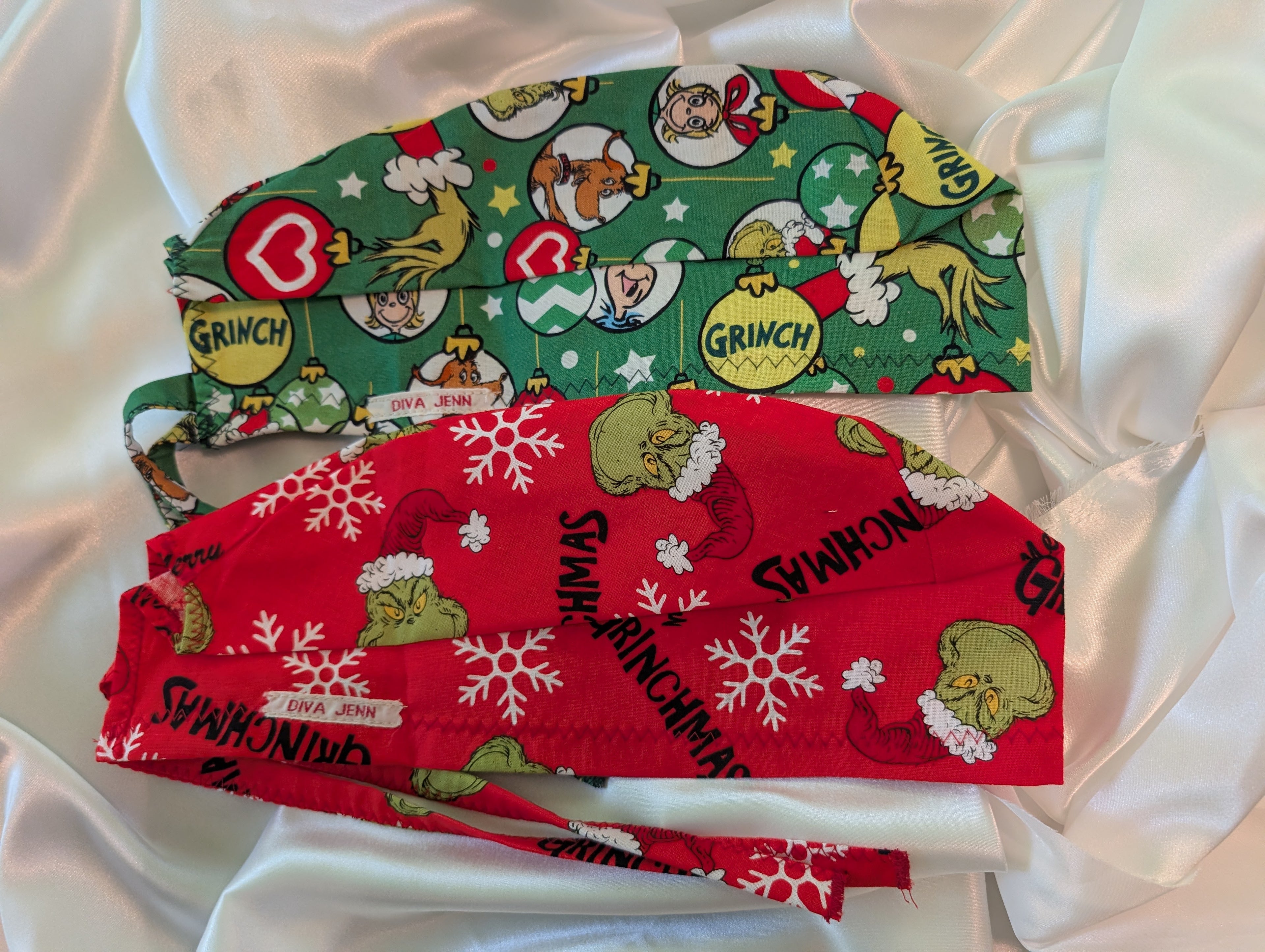 Red/Green Grinch Christmas Hat Set of two tie in the back hat