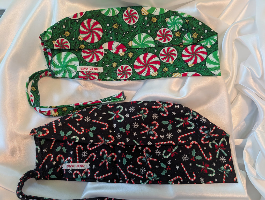 Black/Green Christmas Tie in the Back Hat Set of Two