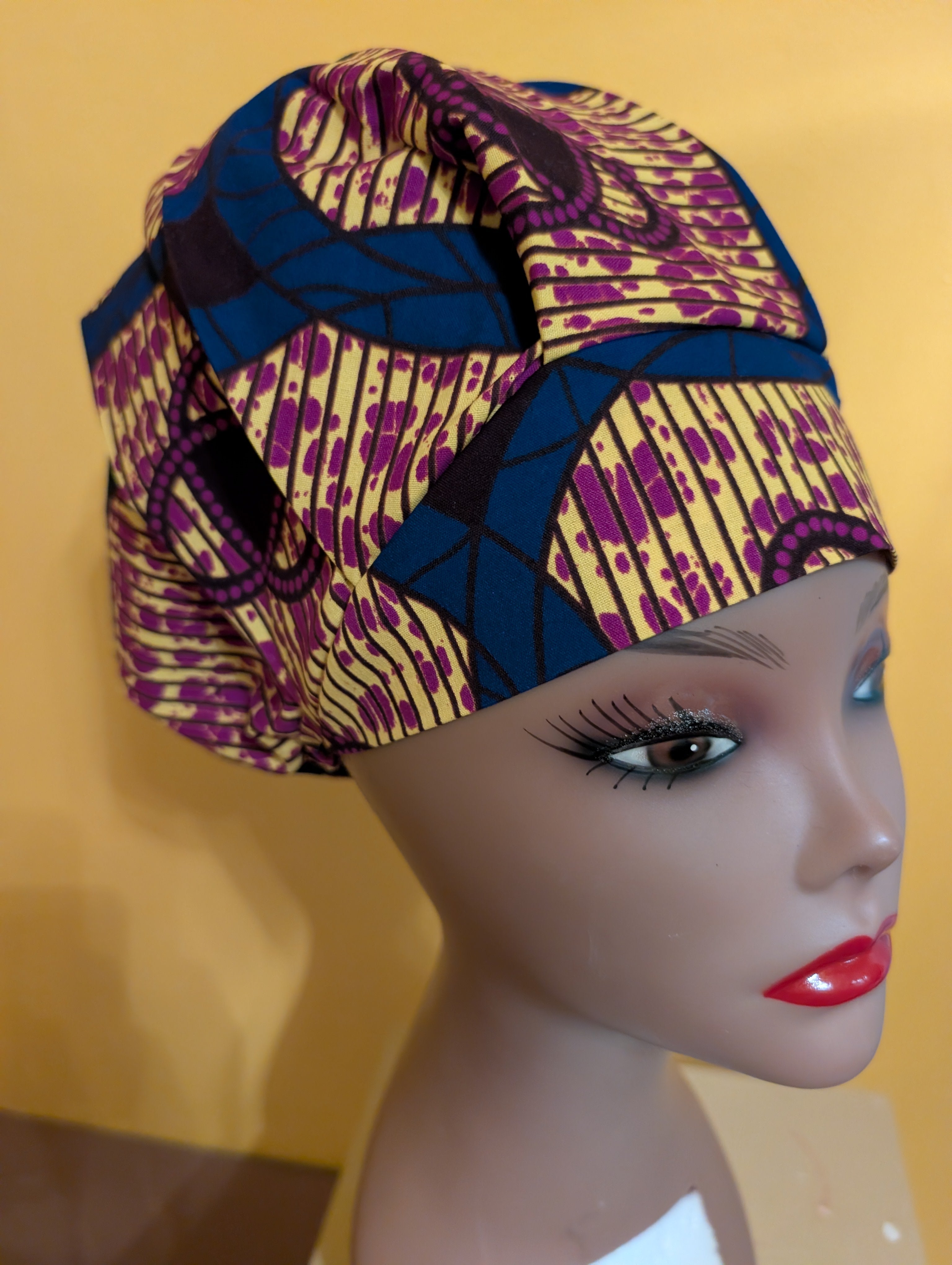 Blue/Yellow/Black Satin Lined Bouffant Style Hat