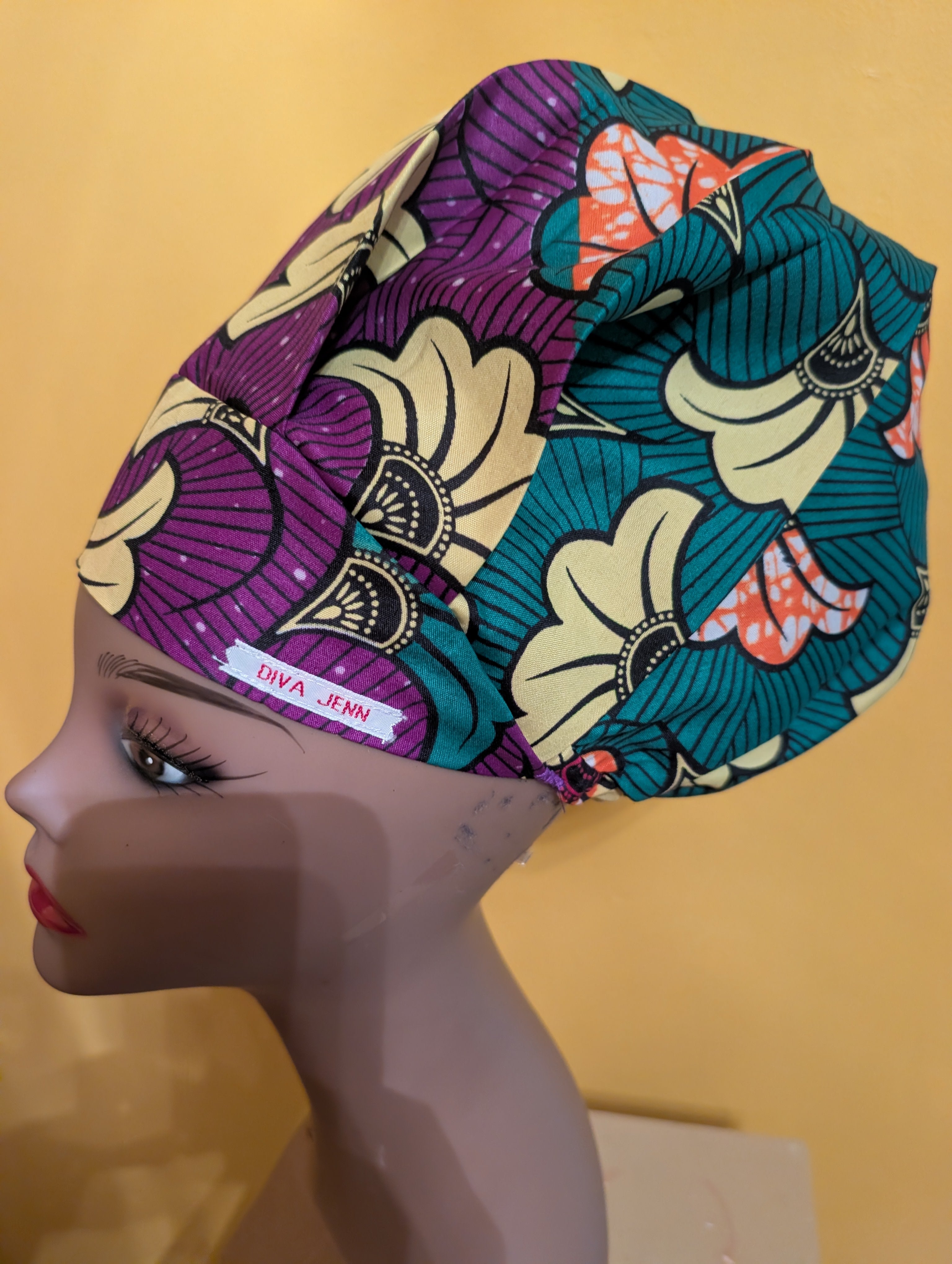 Purple/Yellow/Green Satin Lined Bouffant Style Hat
