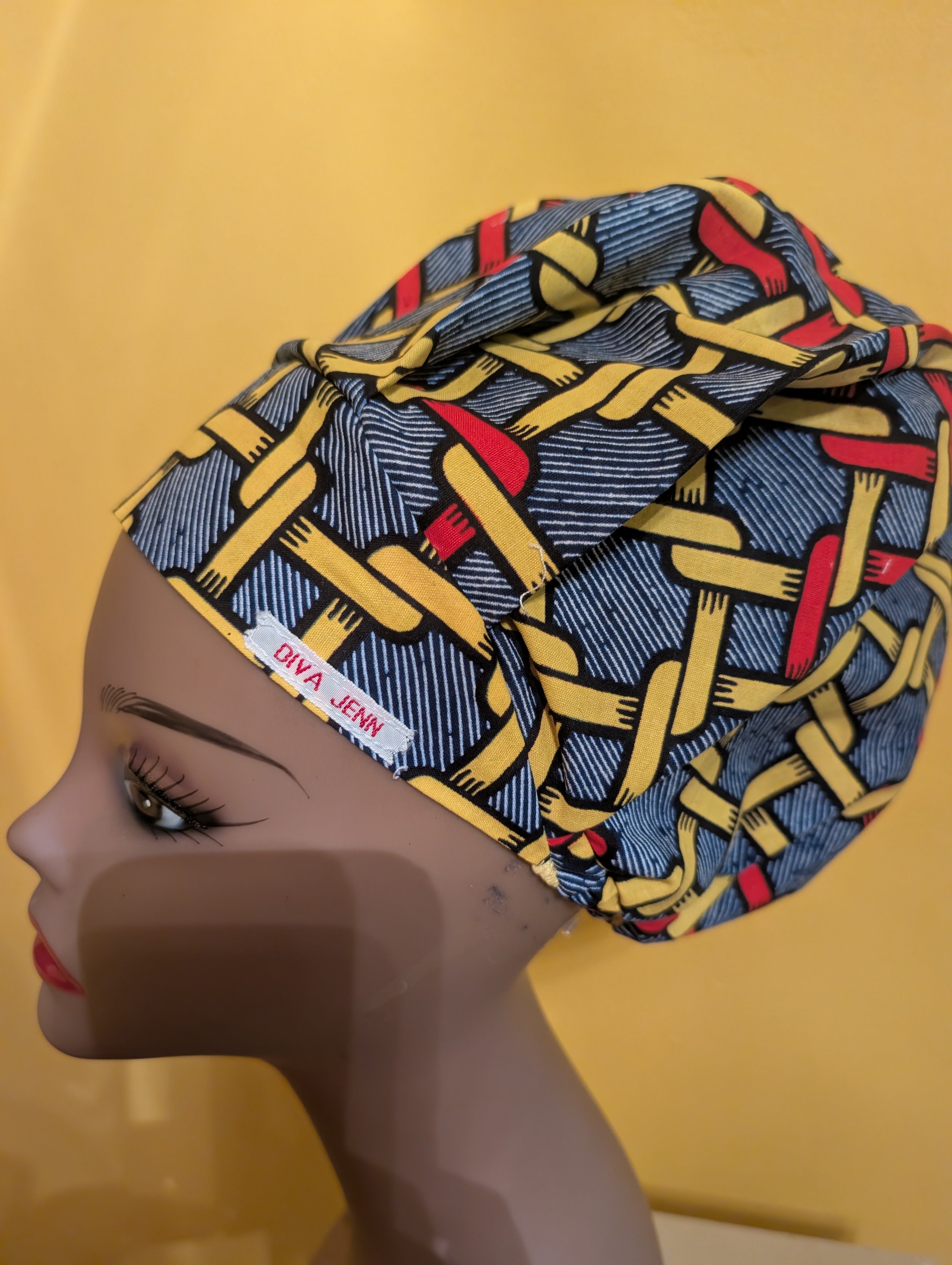Blue/Yellow/Red Satin Lined Bouffant Style Hat