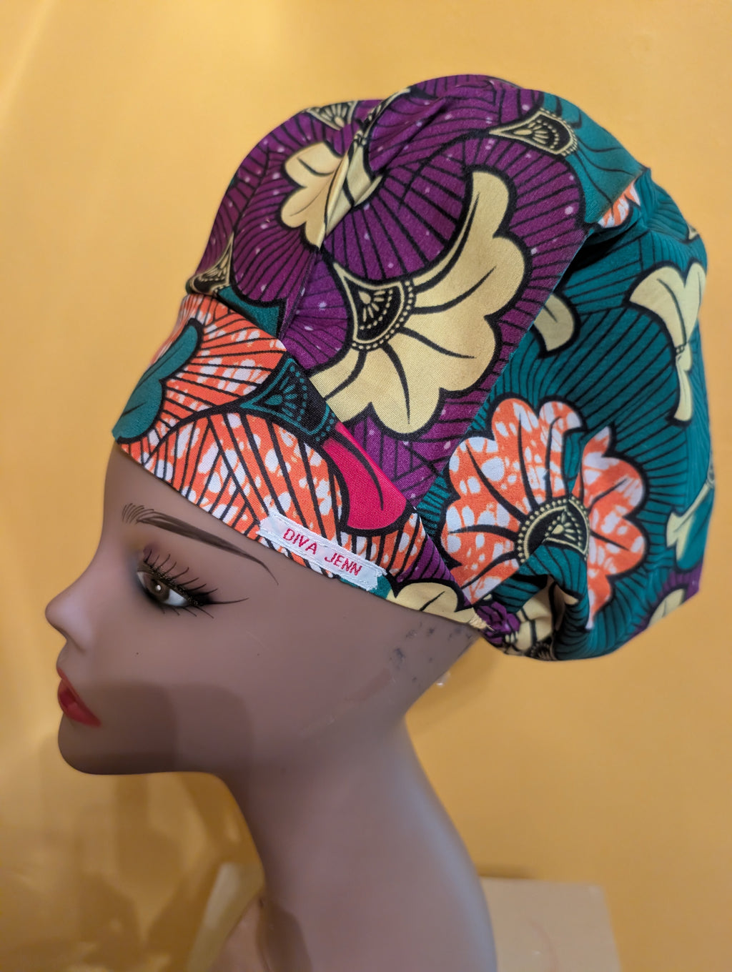 Orange/Purple/Green Satin Lined Bouffant Style Hat