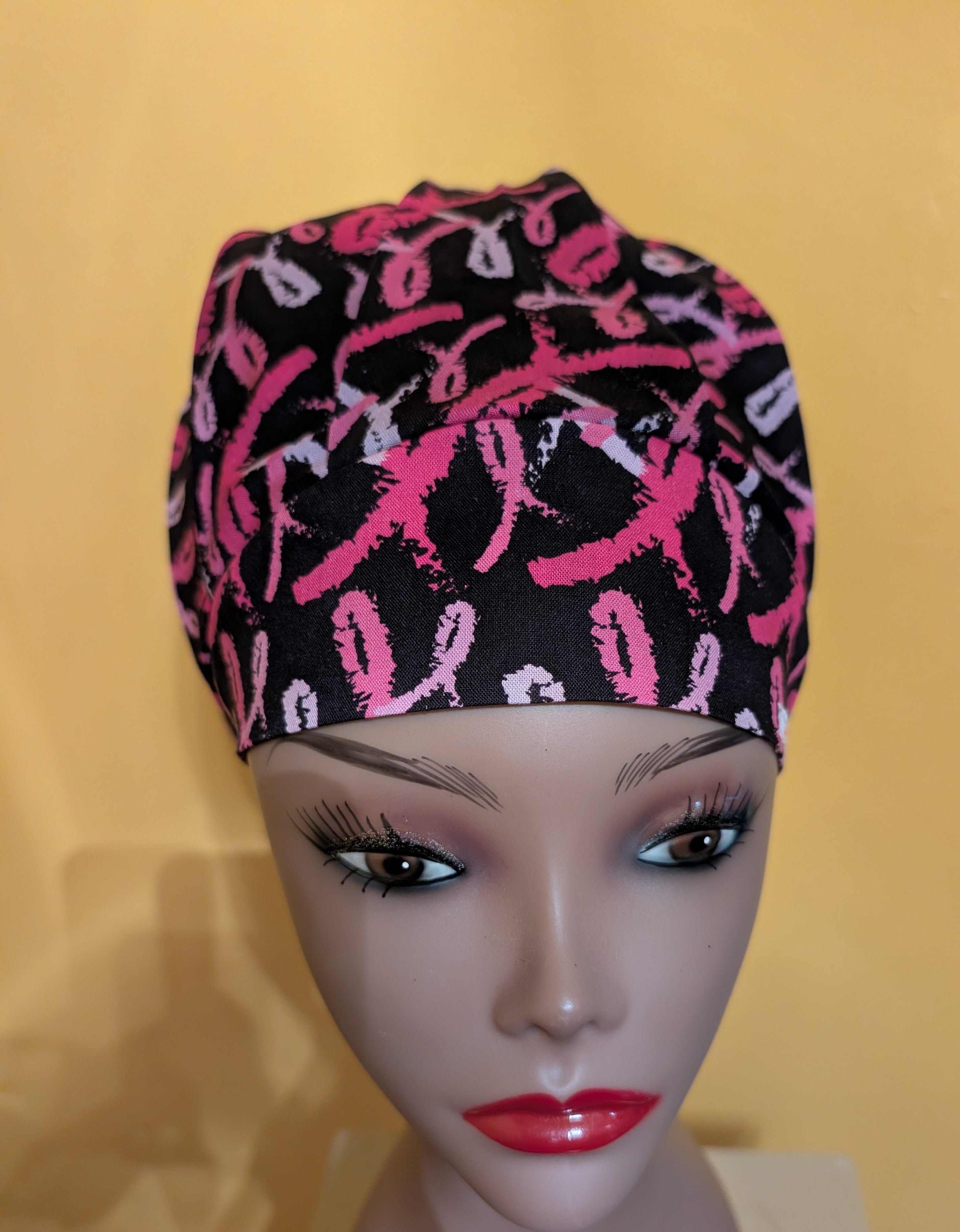 Pink/Black Breast Cancer Awareness Themed Satin Lined Bouffant Style Hat