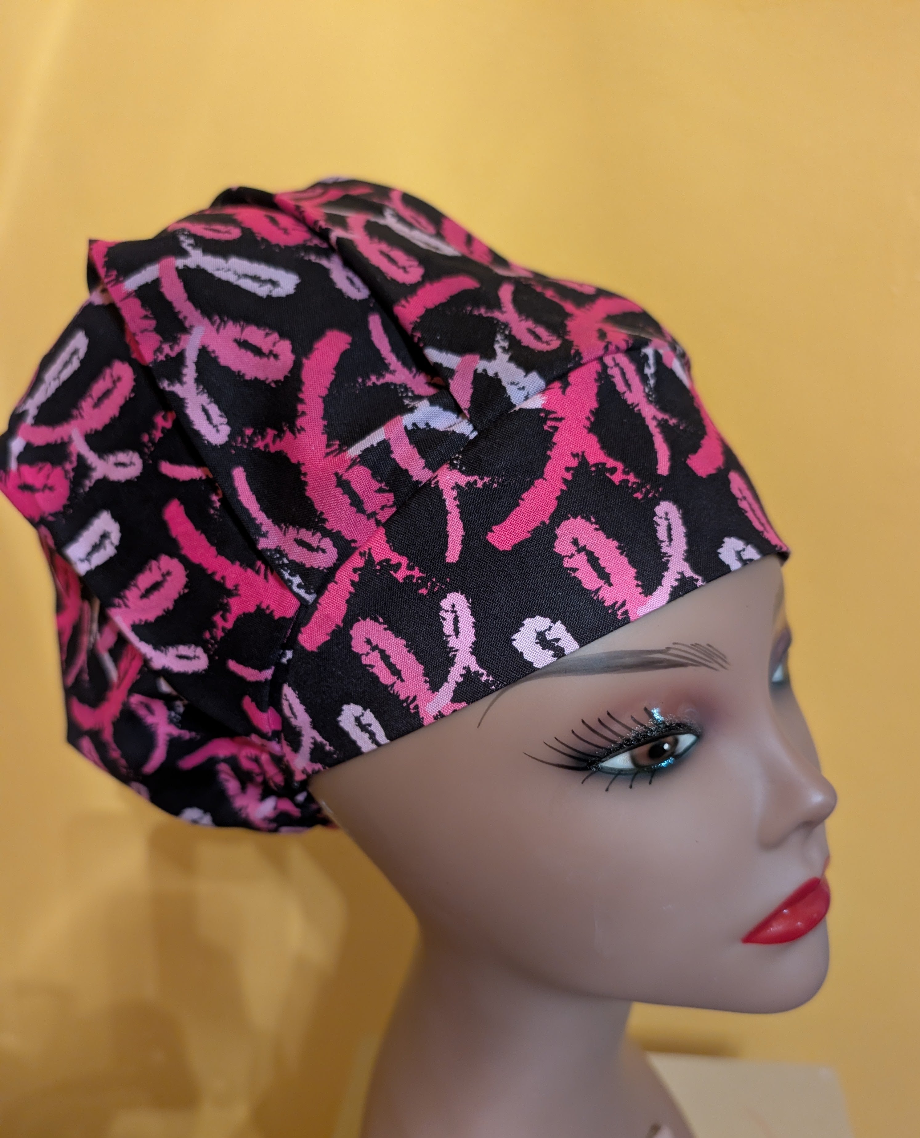 Pink/Black Breast Cancer Awareness Themed Satin Lined Bouffant Style Hat