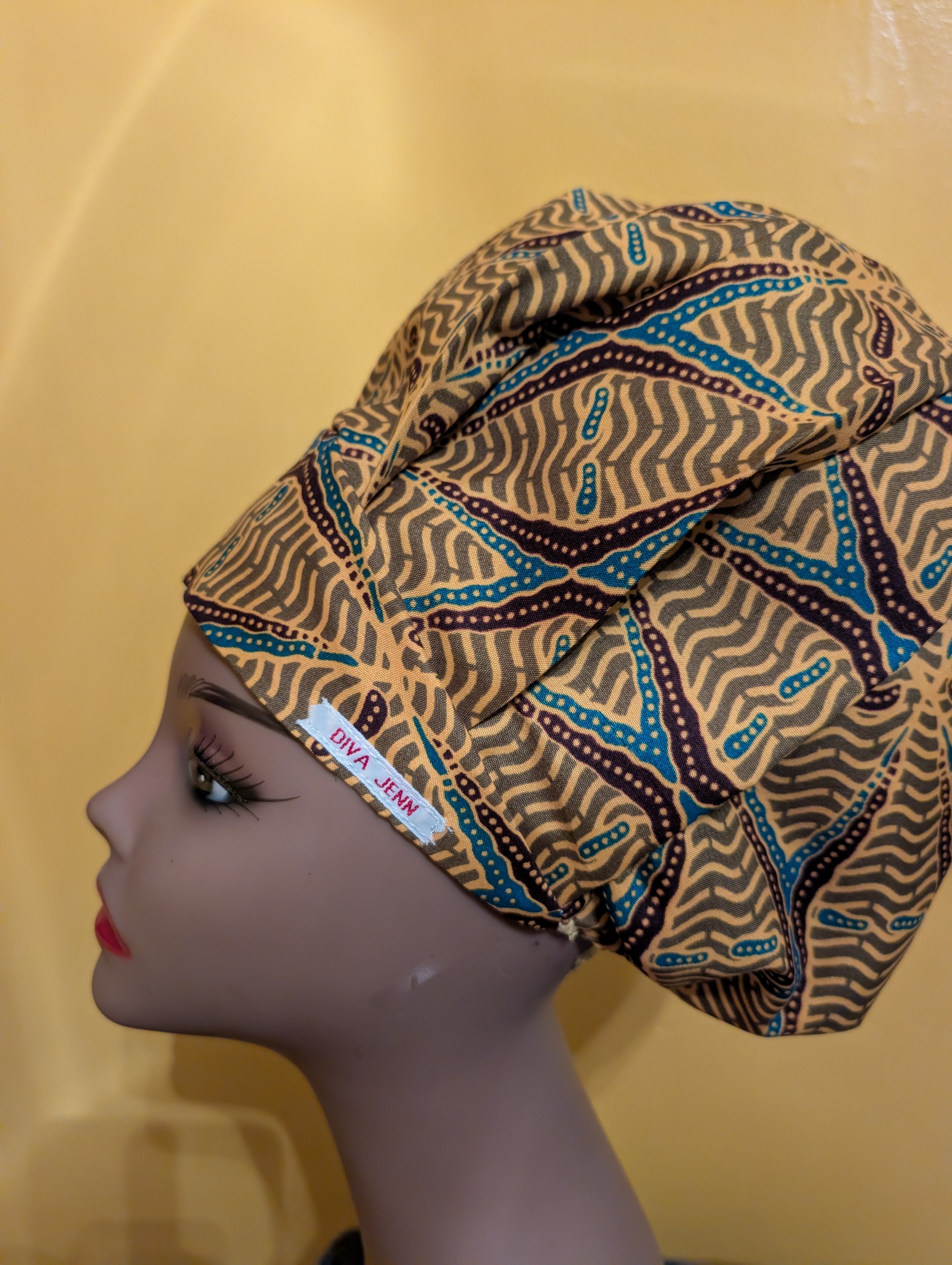 Gold/Brown/Teal Satin Lined Bouffant Style Hat
