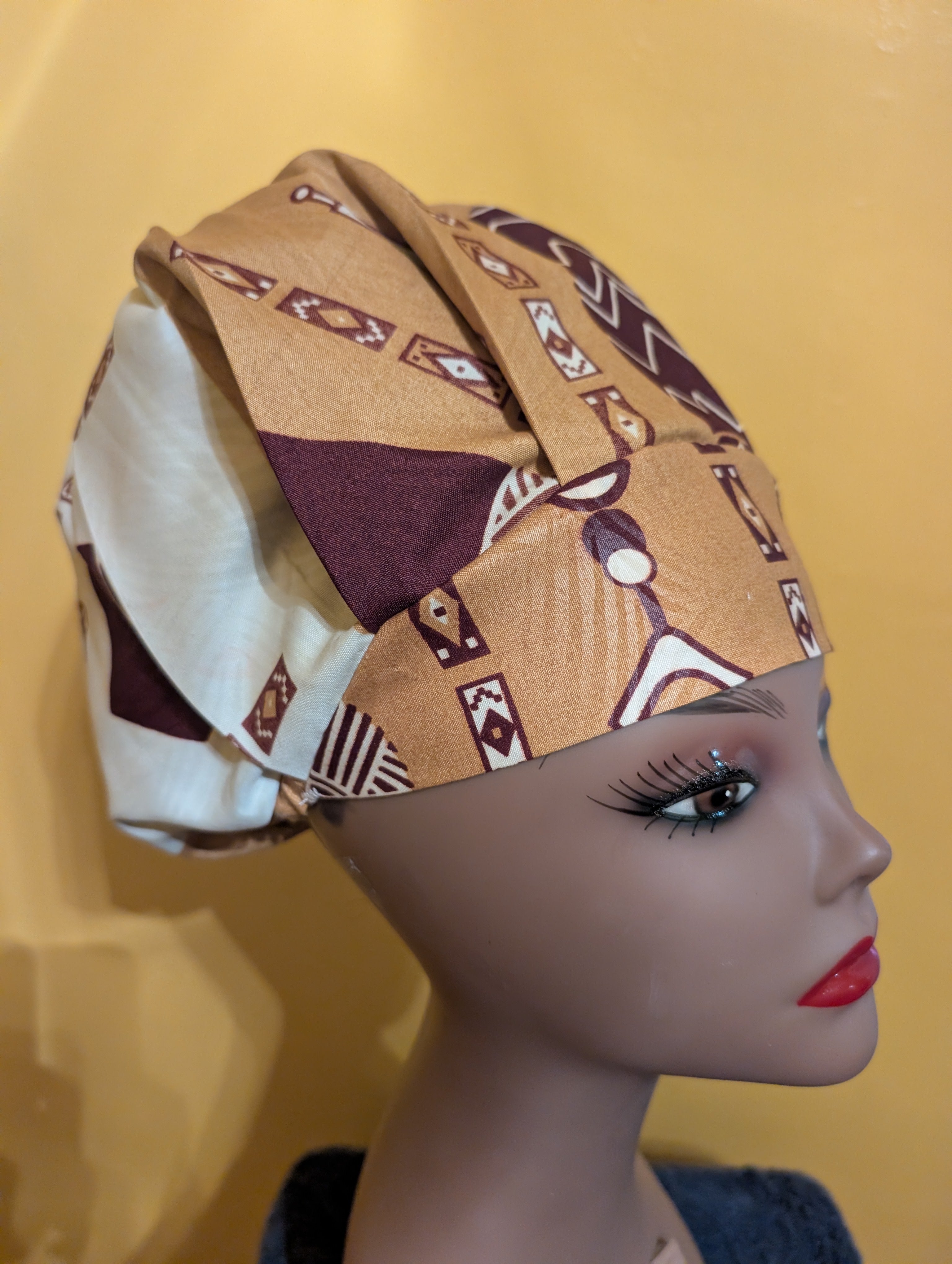 Beige/Cream/Brown Statin Lined Bouffant Style Hat
