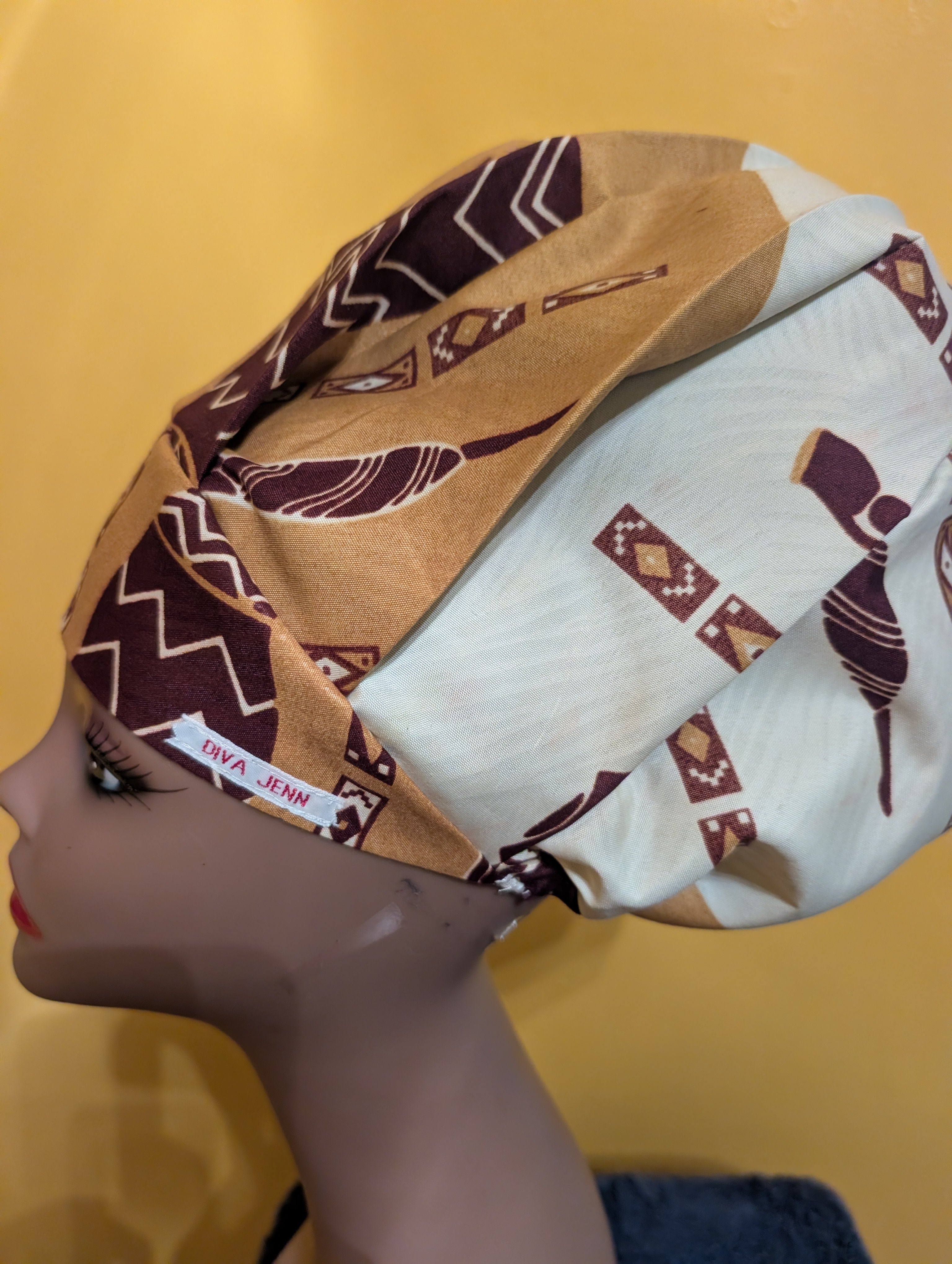 Beige/Cream/Brown Statin Lined Bouffant Style Hat