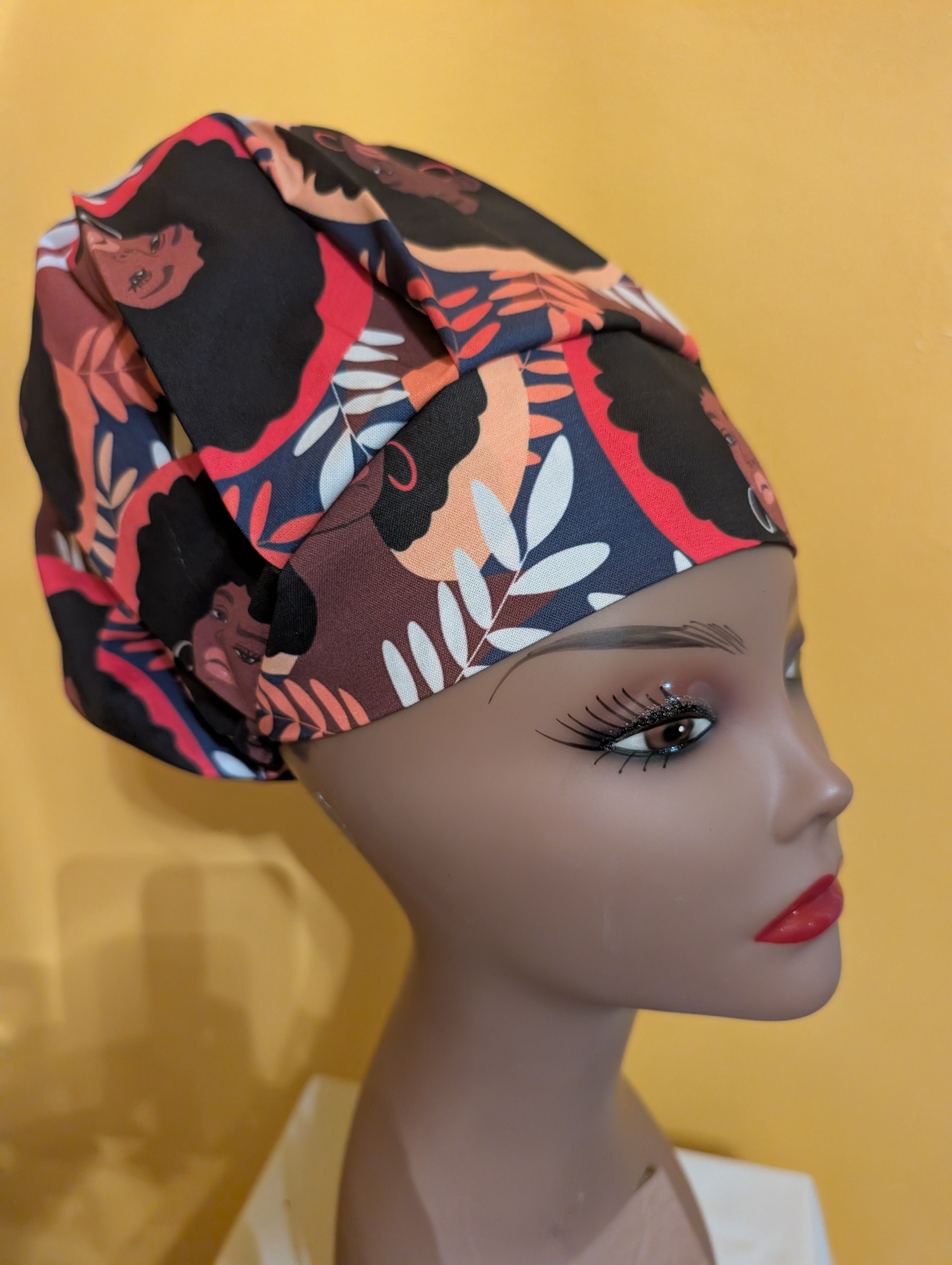Brown/Black African American Themed Satin Lined Bouffant Style Hat