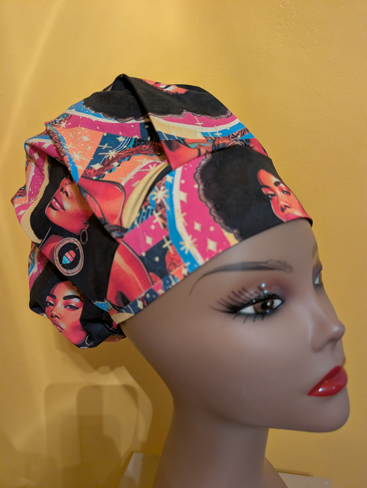 Blue/Pink/Yellow African American Female Satin Lined Bouffant Style Hat