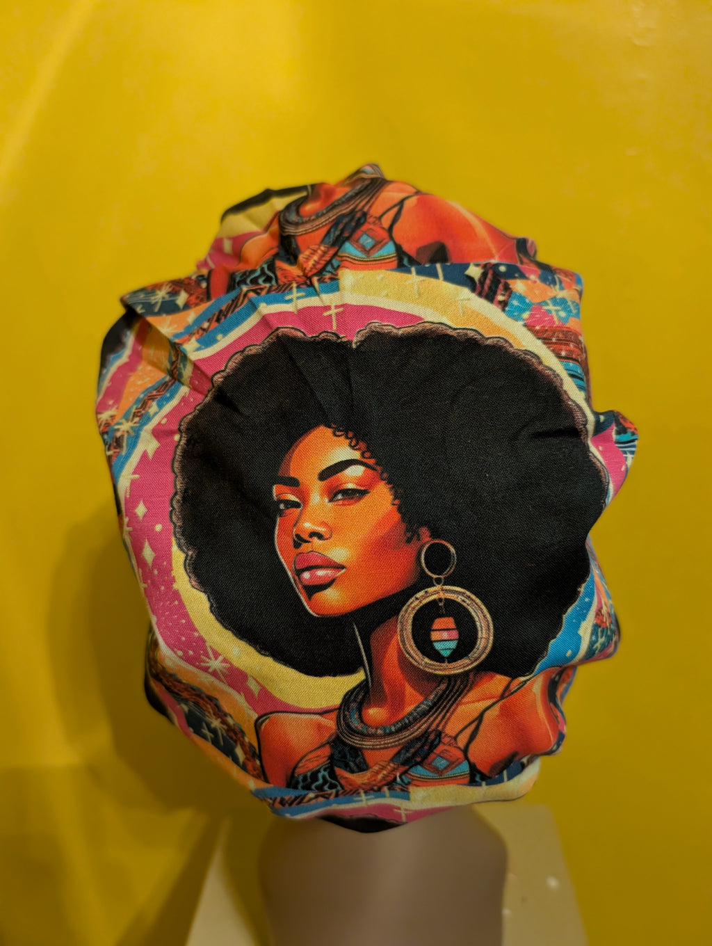 Blue/Pink/Yellow African American Female Satin Lined Bouffant Style Hat